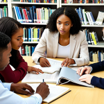**Real estate agent exam study group:** A diverse group of students collaborating around a table covered in textbooks and notes, some using laptops, in a bright and modern library setting. The atmosphere is collaborative and supportive.
