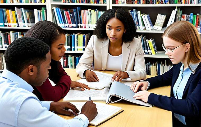 **Real estate agent exam study group:** A diverse group of students collaborating around a table covered in textbooks and notes, some using laptops, in a bright and modern library setting. The atmosphere is collaborative and supportive.