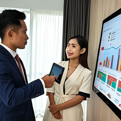 Home 22 ** "Modern Kuala Lumpur condo interior. A professional, well-dressed real estate agent is advising a young Malay couple, pointing at a market trend analysis chart on a tablet. Emphasis on trust and expertise. "
**