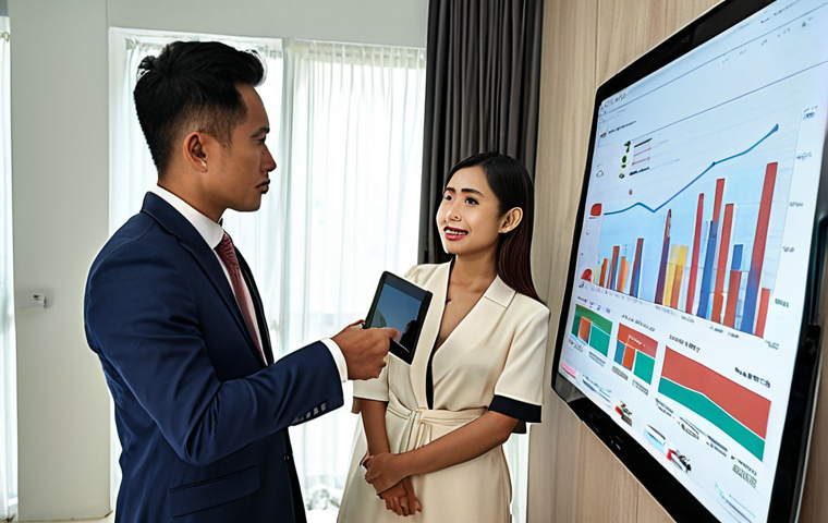 ** "Modern Kuala Lumpur condo interior. A professional, well-dressed real estate agent is advising a young Malay couple, pointing at a market trend analysis chart on a tablet. Emphasis on trust and expertise. "
**