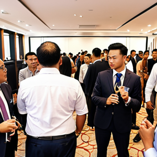 Home 21 **A bustling real estate networking event in Kuala Lumpur, showcasing agents connecting with potential clients and industry professionals.** (Focus: Networking, KL, Professionalism)