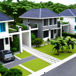 **

A bustling Malaysian suburb with modern, two-story terrace houses, depicting a happy young family moving into their new home. Focus on the "dream home" aspect and the energy of a growing community. Include greenery and modern car in the scene.

**