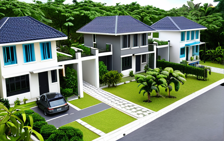 **
A bustling Malaysian suburb with modern, two-story terrace houses, depicting a happy young family moving into their new home. Focus on the "dream home" aspect and the energy of a growing community. Include greenery and modern car in the scene.
**
