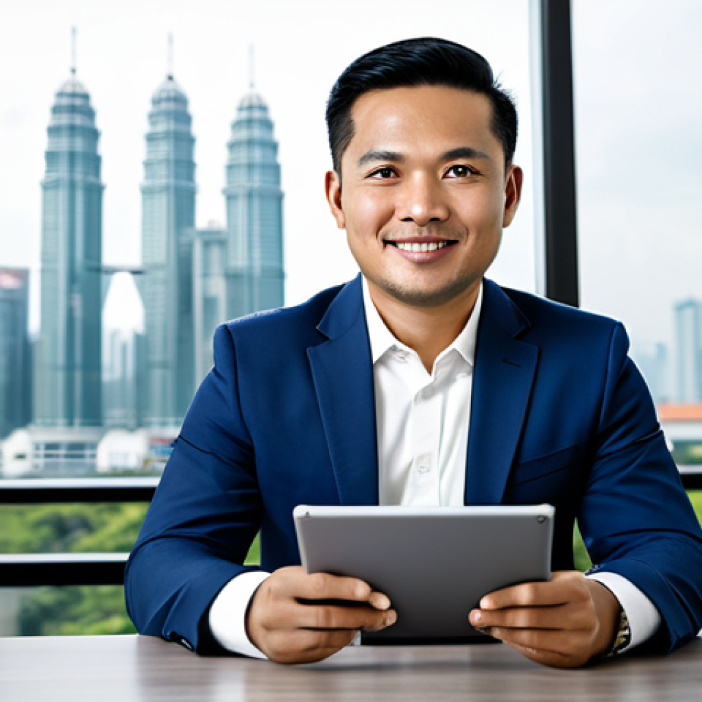 A professional Malaysian male real estate consultant, mid-30s, dressed in a modest business suit, seated at a sleek modern desk in a well-lit contemporary office. He is looking confidently towards the viewer, holding a tablet displaying real estate market data. The background features a large window with a blur of a modern Malaysian cityscape. The image should convey professionalism and technological savvy. fully clothed, appropriate attire, safe for work, perfect anatomy, correct proportions, natural pose, well-formed hands, proper finger count, natural body proportions, professional photography, high quality, family-friendly.