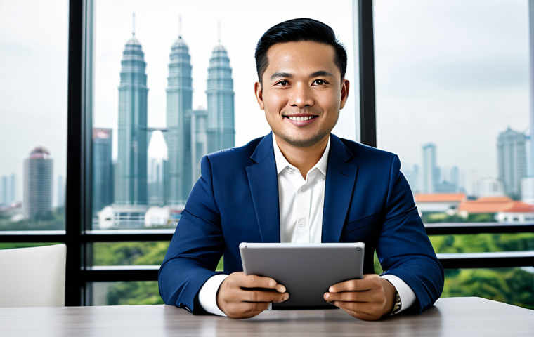 A professional Malaysian male real estate consultant, mid-30s, dressed in a modest business suit, seated at a sleek modern desk in a well-lit contemporary office. He is looking confidently towards the viewer, holding a tablet displaying real estate market data. The background features a large window with a blur of a modern Malaysian cityscape. The image should convey professionalism and technological savvy. fully clothed, appropriate attire, safe for work, perfect anatomy, correct proportions, natural pose, well-formed hands, proper finger count, natural body proportions, professional photography, high quality, family-friendly.