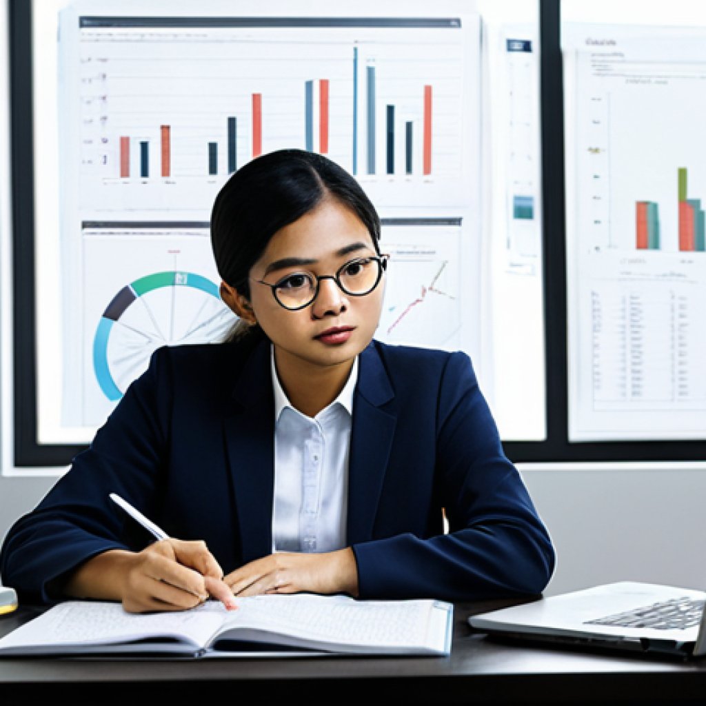 A focused, professional Malaysian real estate student, fully clothed in modest business casual attire, seated at a modern study desk. They are deeply engaged in studying, surrounded by open textbooks and a laptop displaying complex real estate case studies and analytical charts. Their expression conveys deep concentration and critical thinking, reflecting a shift from memorization to profound understanding. The setting is a brightly lit, contemporary study room with a clean and organized aesthetic. perfect anatomy, correct proportions, natural pose, well-formed hands, proper finger count, professional photography, high quality, high detail, safe for work, appropriate content, fully clothed, modest, family-friendly.