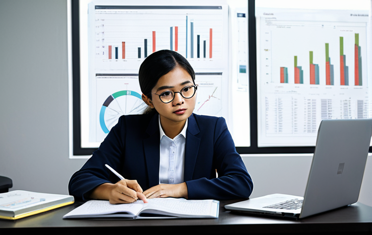 A focused, professional Malaysian real estate student, fully clothed in modest business casual attire, seated at a modern study desk. They are deeply engaged in studying, surrounded by open textbooks and a laptop displaying complex real estate case studies and analytical charts. Their expression conveys deep concentration and critical thinking, reflecting a shift from memorization to profound understanding. The setting is a brightly lit, contemporary study room with a clean and organized aesthetic. perfect anatomy, correct proportions, natural pose, well-formed hands, proper finger count, professional photography, high quality, high detail, safe for work, appropriate content, fully clothed, modest, family-friendly.