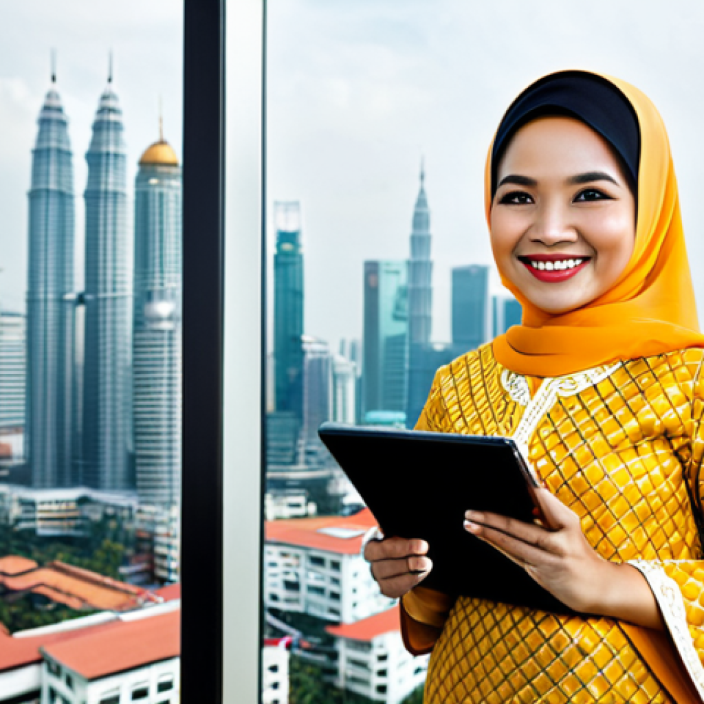 Modern Real Estate Agent**

"A professional Malaysian real estate agent, fully clothed in a modest baju kurung (traditional Malay dress), smiling warmly while holding a tablet displaying property listings. Background: a bright, modern office with views of Kuala Lumpur skyline. Appropriate attire, safe for work, perfect anatomy, natural proportions, professional photography, high quality, family-friendly."

**