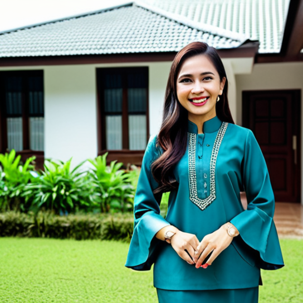 **

A professional Malaysian real estate agent in a modest baju kurung, smiling confidently while holding keys in front of a modern house in Kuala Lumpur, fully clothed, appropriate attire, safe for work, perfect anatomy, natural proportions, professional photography, high quality, family-friendly.

**