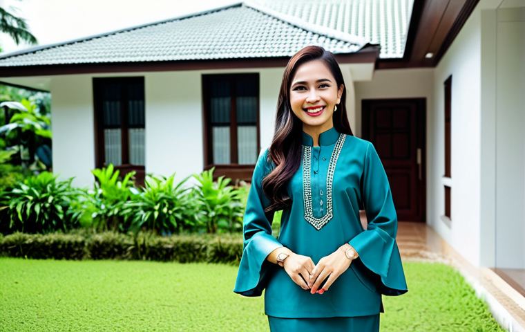 **

A professional Malaysian real estate agent in a modest baju kurung, smiling confidently while holding keys in front of a modern house in Kuala Lumpur, fully clothed, appropriate attire, safe for work, perfect anatomy, natural proportions, professional photography, high quality, family-friendly.

**
