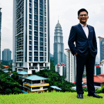 **

"A professional Malaysian real estate agent, fully clothed in appropriate business attire, stands in front of a modern house in Kuala Lumpur. The house has a 'For Sale' sign. The background shows the KL city skyline. Safe for work, appropriate content, professional, perfect anatomy, natural proportions, modest clothing, family-friendly."

**