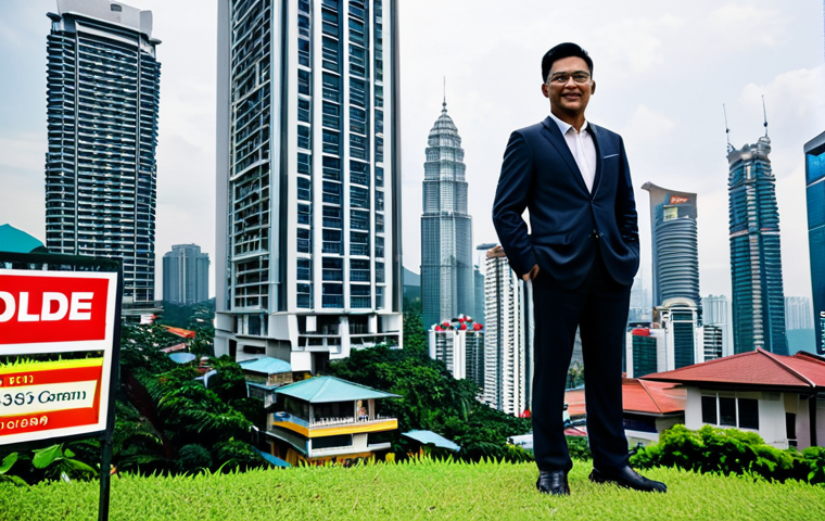 **

"A professional Malaysian real estate agent, fully clothed in appropriate business attire, stands in front of a modern house in Kuala Lumpur. The house has a 'For Sale' sign. The background shows the KL city skyline. Safe for work, appropriate content, professional, perfect anatomy, natural proportions, modest clothing, family-friendly."

**