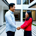 ** A professional real estate agent, fully clothed in a modest business outfit, shaking hands with a client in front of a modern house in Kuala Lumpur. Perfect anatomy, natural proportions, professional lighting, family-friendly, safe for work, appropriate content.

**